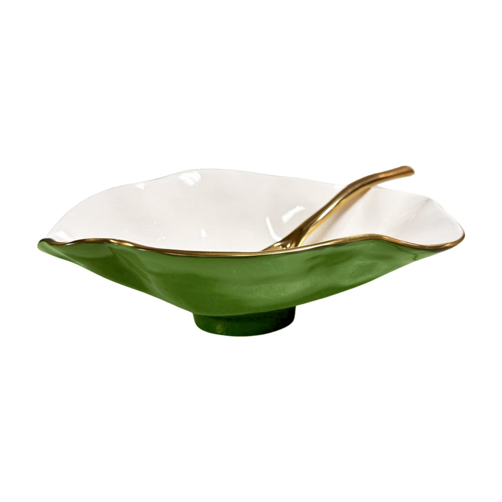 Beatriz Ball ENCANTO Claire Small Oval Bowl With Spoon (Leaf Green, White And Gold) | Wayfair
