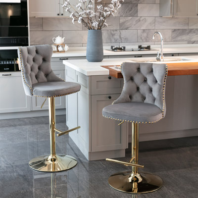 Golden Swivel Velvet Barstools Adjusatble Seat Height from 25-33 Inch, Modern Upholstered Bar Stools with Backs Comfortable Tufted for Home Pub and Kitchen Island（Gray,Set of 2）