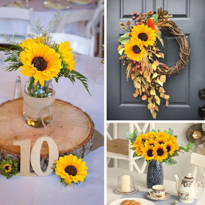 20 tournesols artificiels, tournesols en soie artificielle avec longue tige pour décoration intérieure d'automne, mariage, fête de naissance, fleurs de cimetière