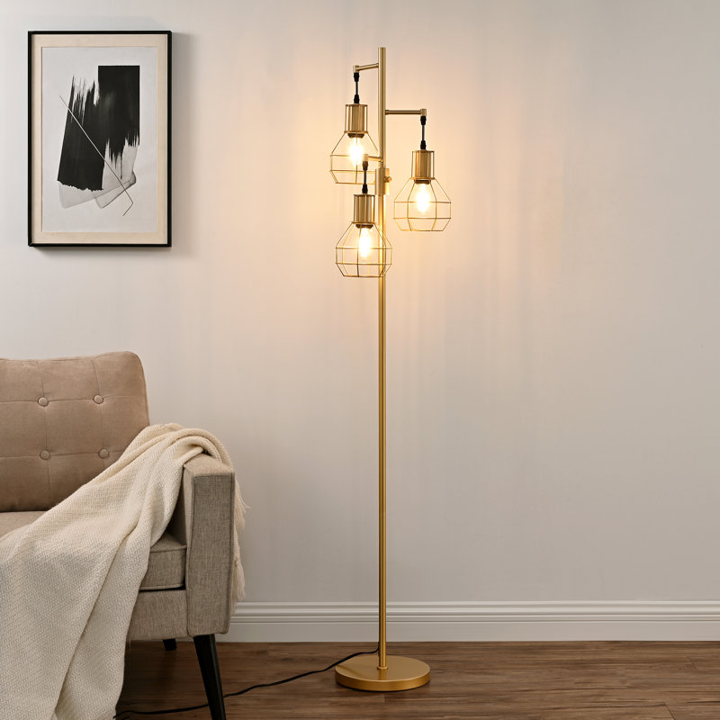 Zakaria 65" 3-Light Dimmable Tree Floor Lamp with 3 Bulbs, Gold