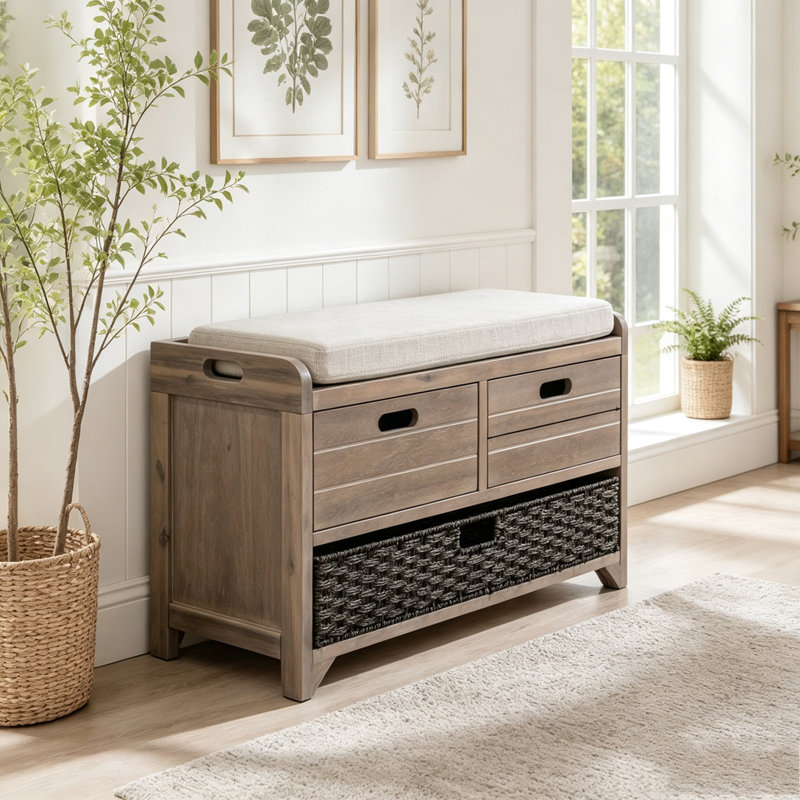 Banc de rangement entièrement assemblé avec panier et tiroirs amovibles, Blanchies