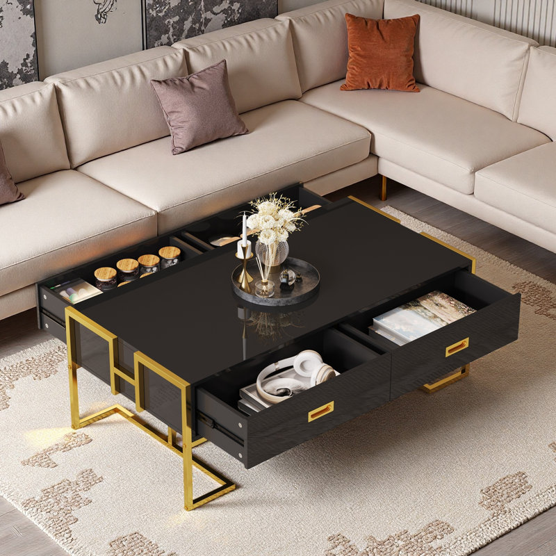 Table basse moderne moderne avec 4 tiroirs et base dorée, Noir