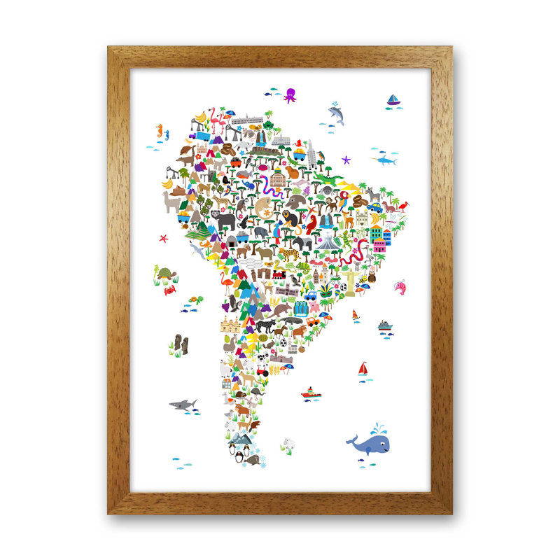 Animal Map Of South America Nursery by Michael Tompsett - Print, Brown Framed, 34cm H x 25cm W x 3cm D