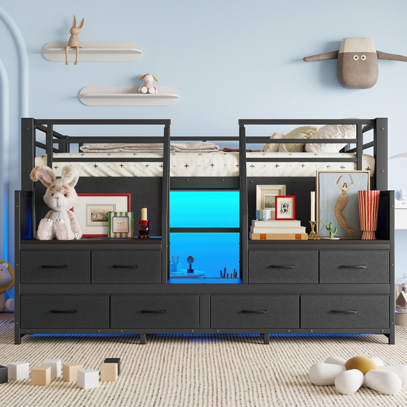 Lit simple mezzanine bas avec espaces de rangement multiples, Twin, Black