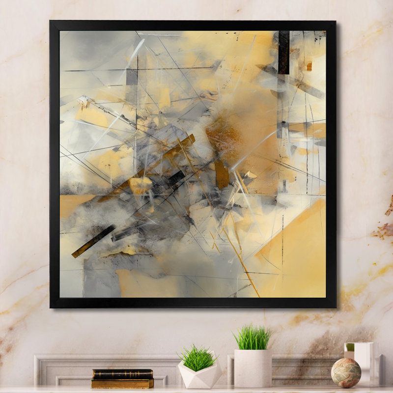 Jaune et gris au-delà de la toile II - peinture abstraite, art mural, Cadre photo noir, H 16 po x l 16 po x P 1 po