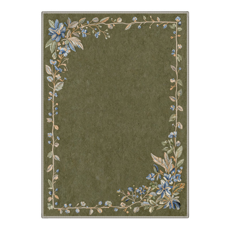 Abrahamson Florora Floral Machine Washable Green Indoor Area Rug with Non-Slip Backing, Round 5'