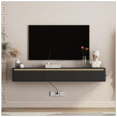 Meuble télé flottant mural avec lumières DEL et prises de courant, armoire de rangement haute pour le salon