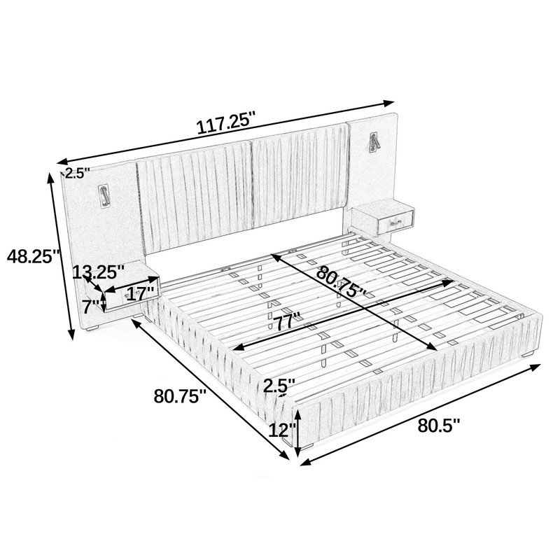 King Size Upholstered Platform Bed with Integrated Nightstands,Adjustable Reading Lights, Dark Gray
