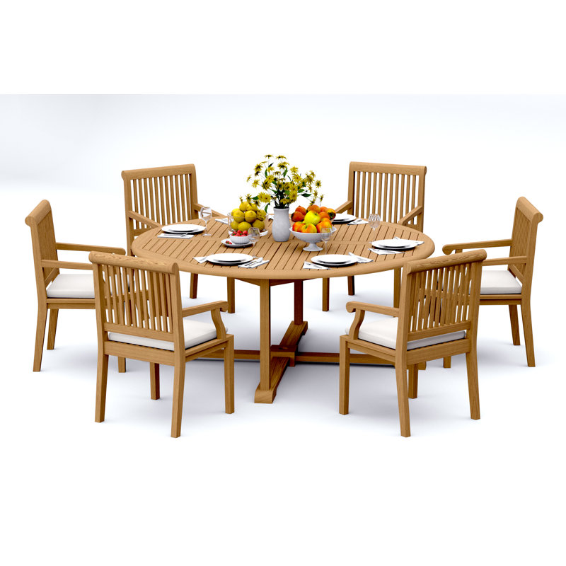 6 Seats 7 Pcs Grade-A Teak Wood Dining Set: 72" Round Table And 6 Sack Arm Chairs #11SK1706, 6
