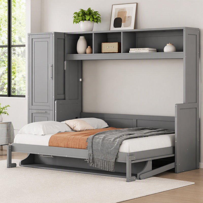 Lit escamotable, cadre de lit mural avec placard et tiroirs, Gris