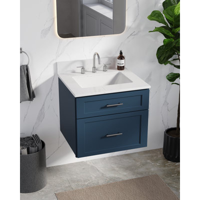 24" Floating Wall Mounted Single Bathroom Vanity With Carrara Quartz Top