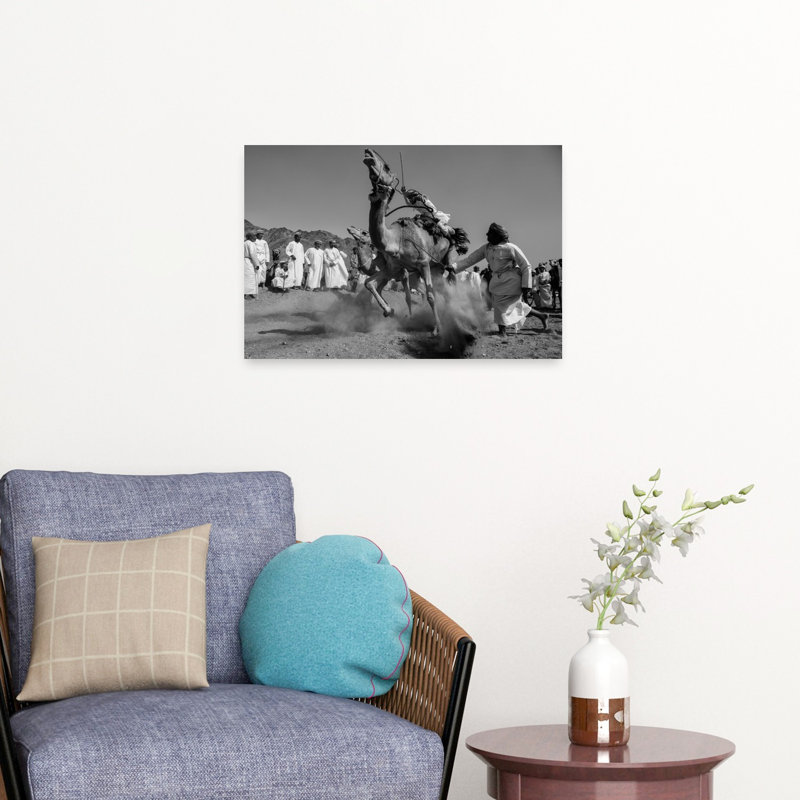 Affiche murale abstraite traditionnelle représentant une course de chameaux dynamique, paysage animalier., H 16 po x l 24 po