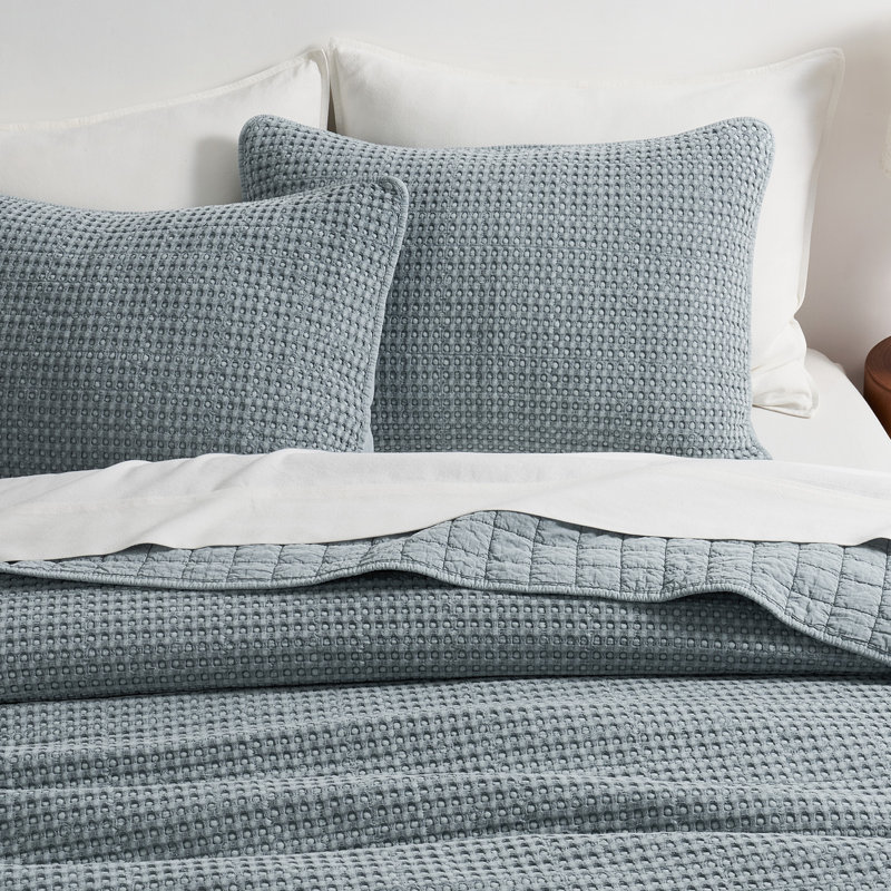 Stonewashed 100% Natural Cotton Waffle Quilt Set, Queen Quilt + 2 Standard Shams, Blue Linen