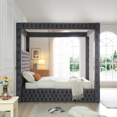 Megghan Luxurious Velvet Upholstered Canopy Bed with Speaker & USB Connection