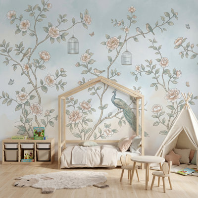 Papier peint branches chinoises avec paon
