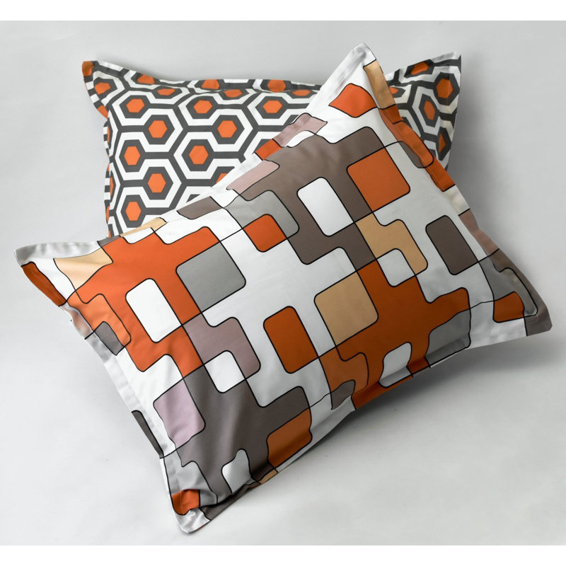 Orange and Taupe Geometric Cotton Queen Duvet Cover Set