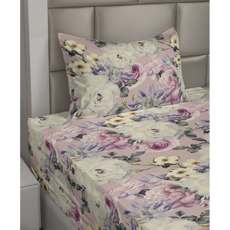 Ambesonne Watercolor Botany Sheet Set 4 Pcs Retro Boho Bloom, Ivory Pastel Pink Floral, Twin XL Sheet Set with 1 Pillowcase