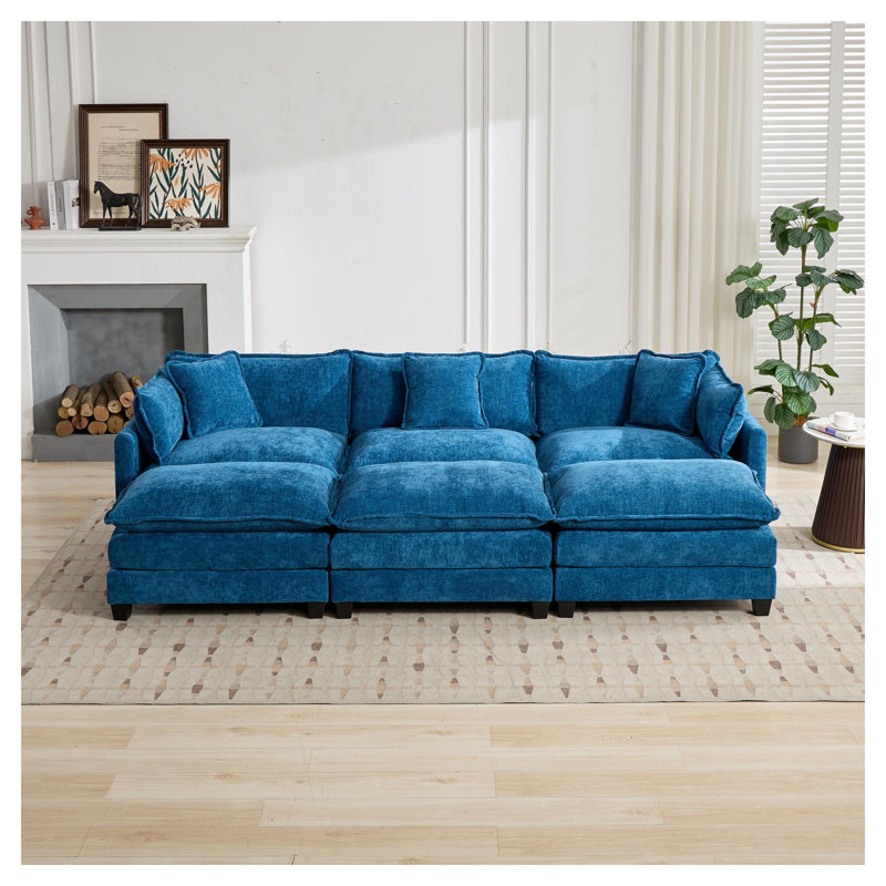 Canapé modulaire 3 places Cloud en chenille bleue, design américain moderne avec dossier rembourré pour le salon, Bleu