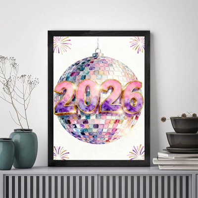 Black Framed 2026 New Year Disco Wall Art Colorful Watercolor Festive Frame Print