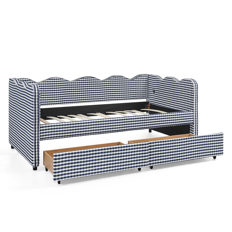 Cozy Gingham Daybed With Two Storage Drawers, Twin, Navy