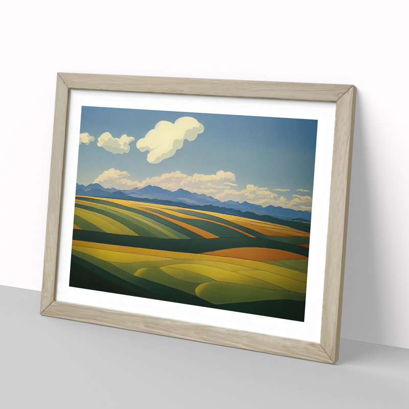 Contemporary Spring Meadow Landscape - Single Picture Frame Print, 46cm H x 64cm W x 2cm D, Oak