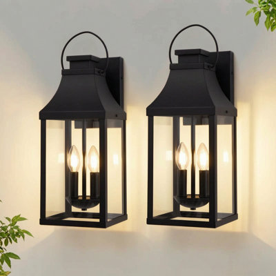 2-light 20'' H Black Outdoor Wall Lantern, Modern Industrial Porch & Patio Light Wall Sconce With Tempered Glass, Waterproof Exterior Lighting