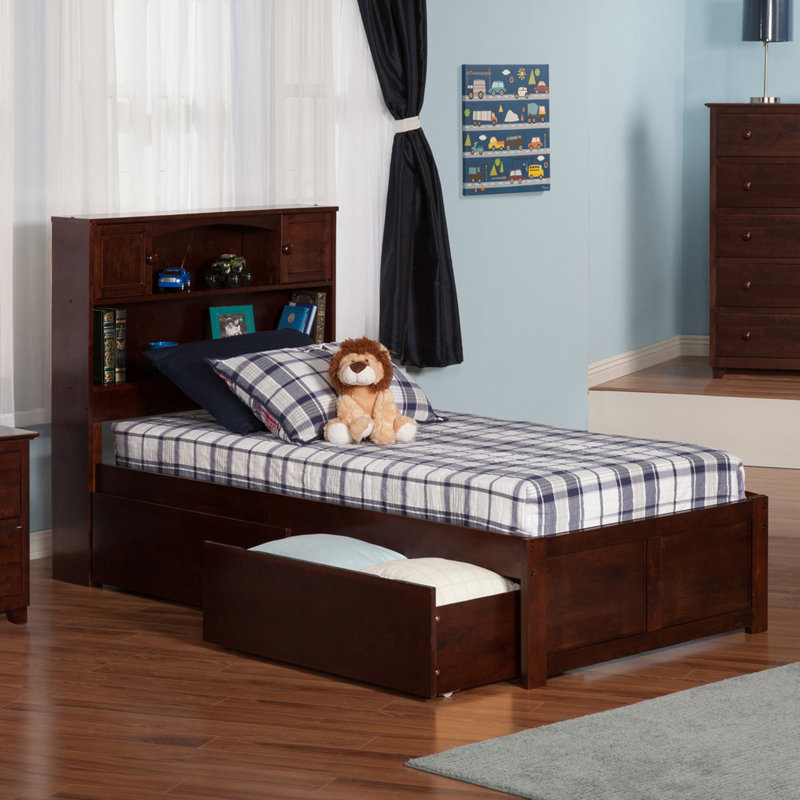  Lit plateforme en bois massif avec pied de lit et tiroir de rangement Casandra, Simple, Espresso
