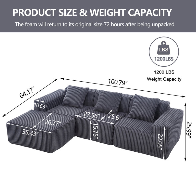 Upholstered Cloud Couch Deep Seats Right - Facing Chaise, Dark Grey Fabric