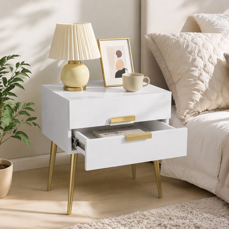 Table d'appoint avec 2 tiroirs, Doré / blanc, H 24,55 po x l 18,5 po x P 18,5 po