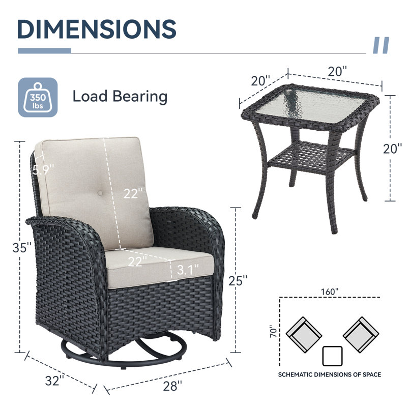 Ensemble de meubles de patio 3 pièces Valierius avec coussins et table d'appoint en osier, Beige, Noir, noir, noir, noir