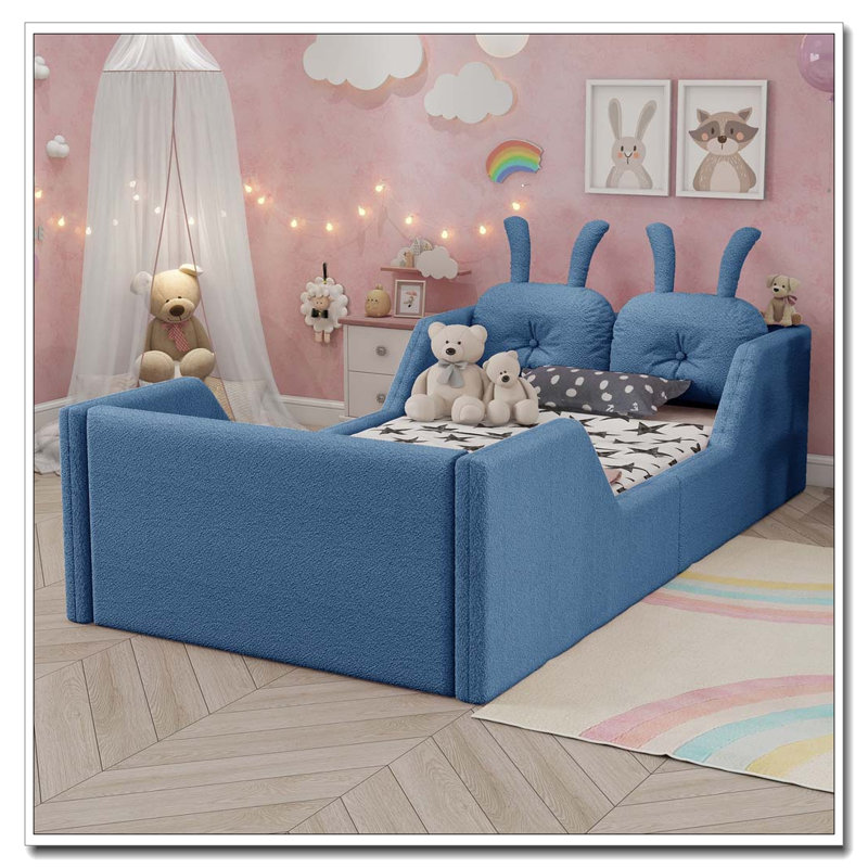 Lit plateforme tapissier simple avec coussin en lapin et rails latéraux amovibles, Bleu