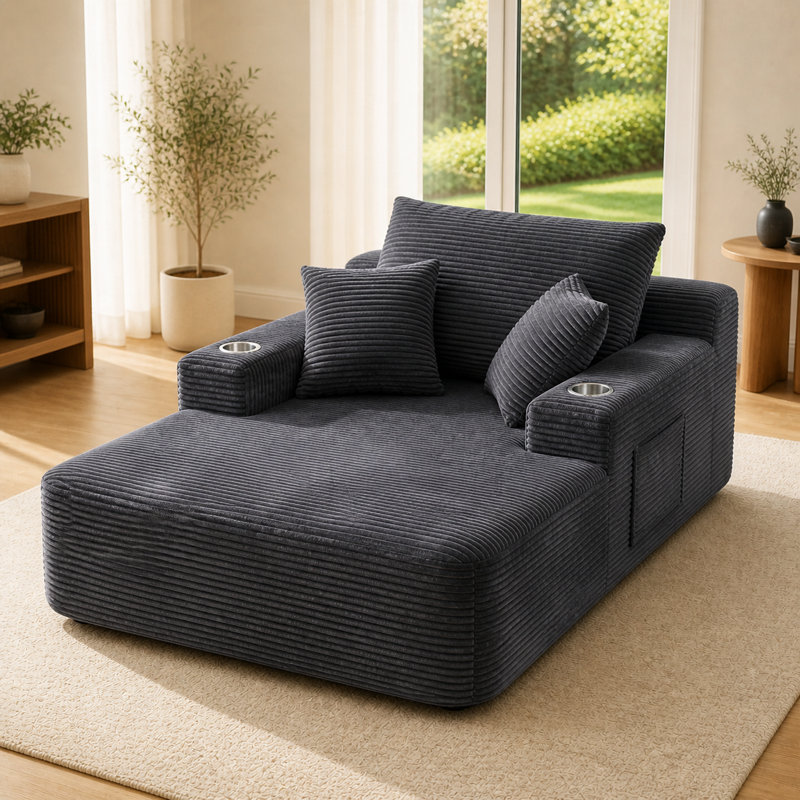 Chaise longue moderne surdimensionnée en velours côtelé de 170 cm, sans dossier, avec assise profonde, 3 coussins, 2 porte-gobelets et poche de rangement latérale, aucun assemblage requis, grise