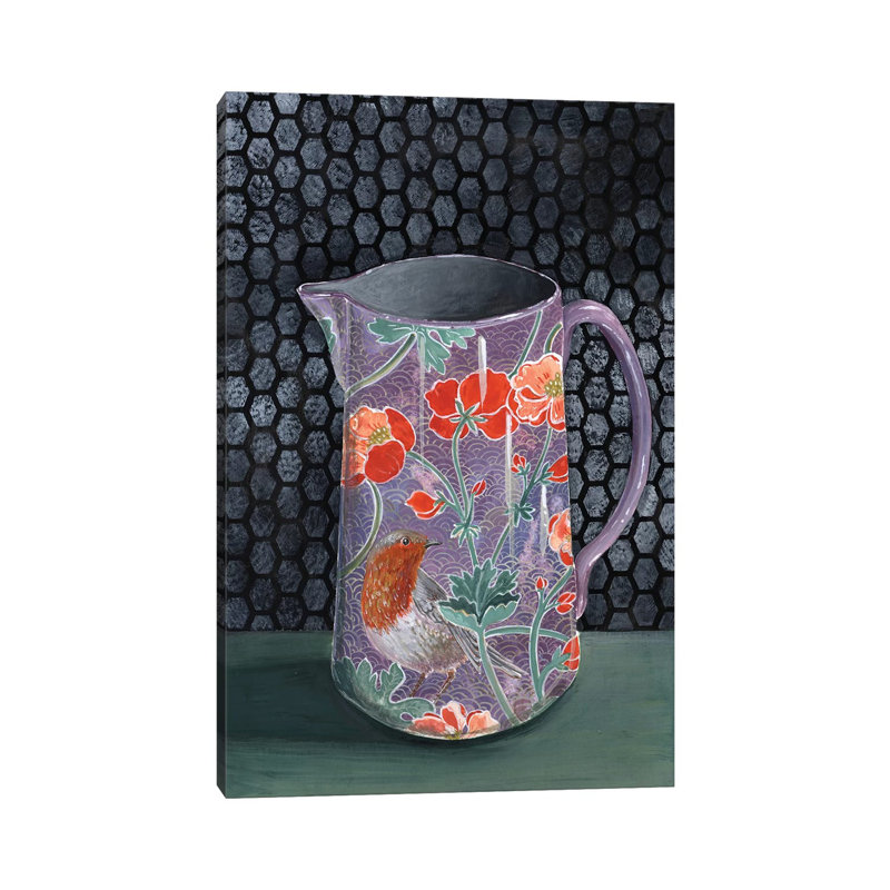 Violet Vase With Robin by Miri Eshet - Painting on Canvas, 66.04 cm H x 45.72 cm W x 1.91 cm D, Wrapped Canvas