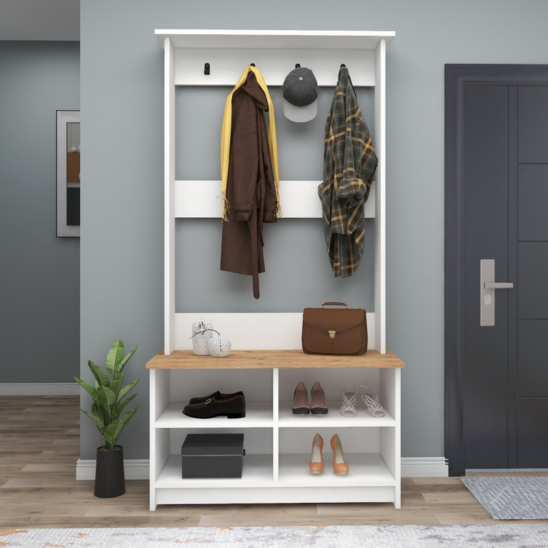 Shoe Storage Hall Tree with Lakay, Atlantic Pine/White