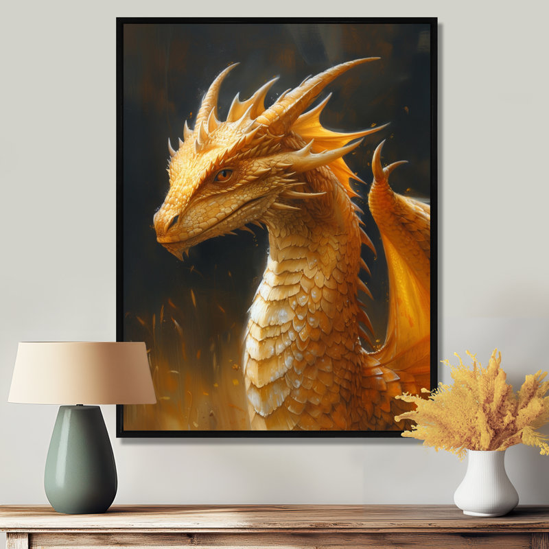 Jaune, noir, ailes dorées, dragon, dragon, art mural, salon, Toile avec cadre flottant noir, H 20 po x l 12 po x P 1 po