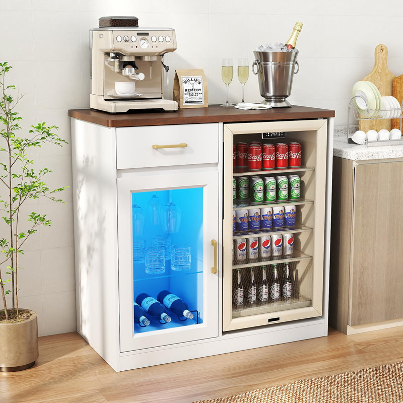 39.4" Coffee Bar Cabinet with Mini Fridge Space, LED Light & Power Outlet, White