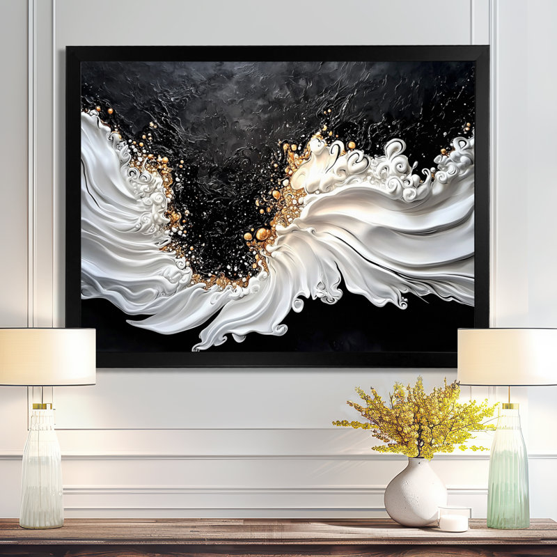 «Gold Breeze» abstrait doré et noir, 12" H x 20" W, Single Picture Framed Print without Mat, Black