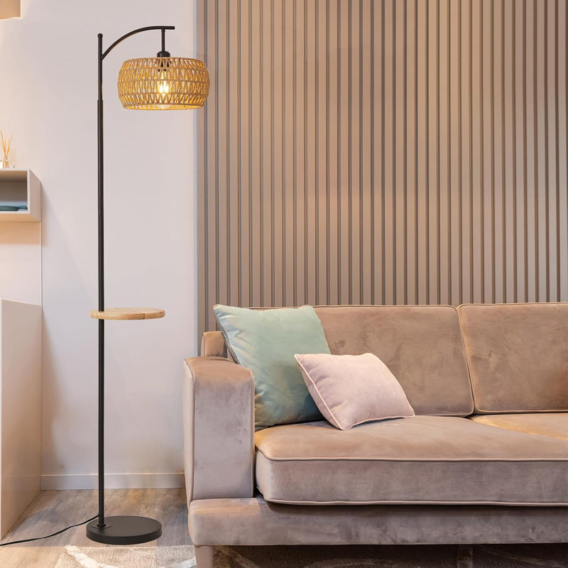 65" Boho Floor Lamp With Shelf, Handwoven Rattan Shade, Bamboo Wicker & Wooden Base, Rustic Farmhouse Style For Living Room, Bedroom, Office