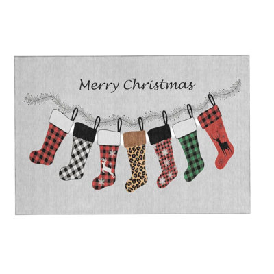 3' X 5' Gray Red And Green Christmas Stockings Washable Area Rug With UV Protection