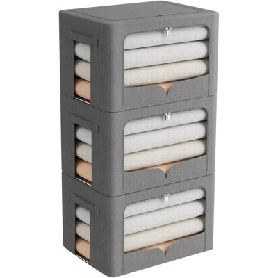 3 Pack Clothes Storage Bins Foldable Metal Frame Storage Box Stackable Linen Fabric Organizer Set With Carrying Handles And Clear Window