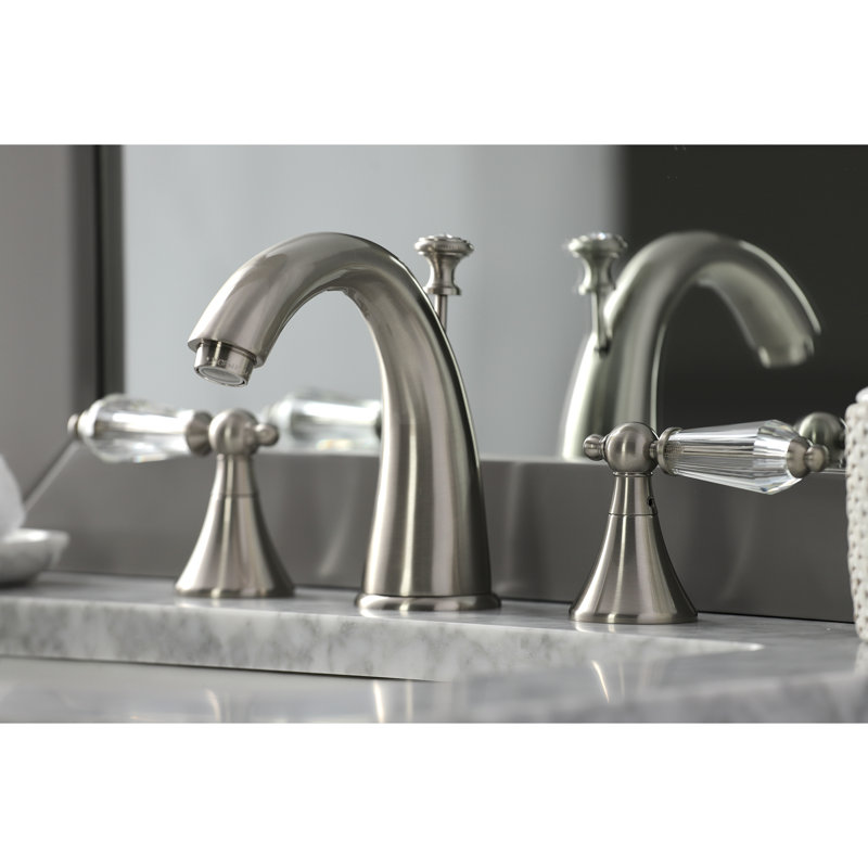 Kingston Brass Wilshire Two-Handle 3-Hole Deck Mount Widespread Bathroom Faucet with Brass Pop-Up Drain, Brushed Nickel