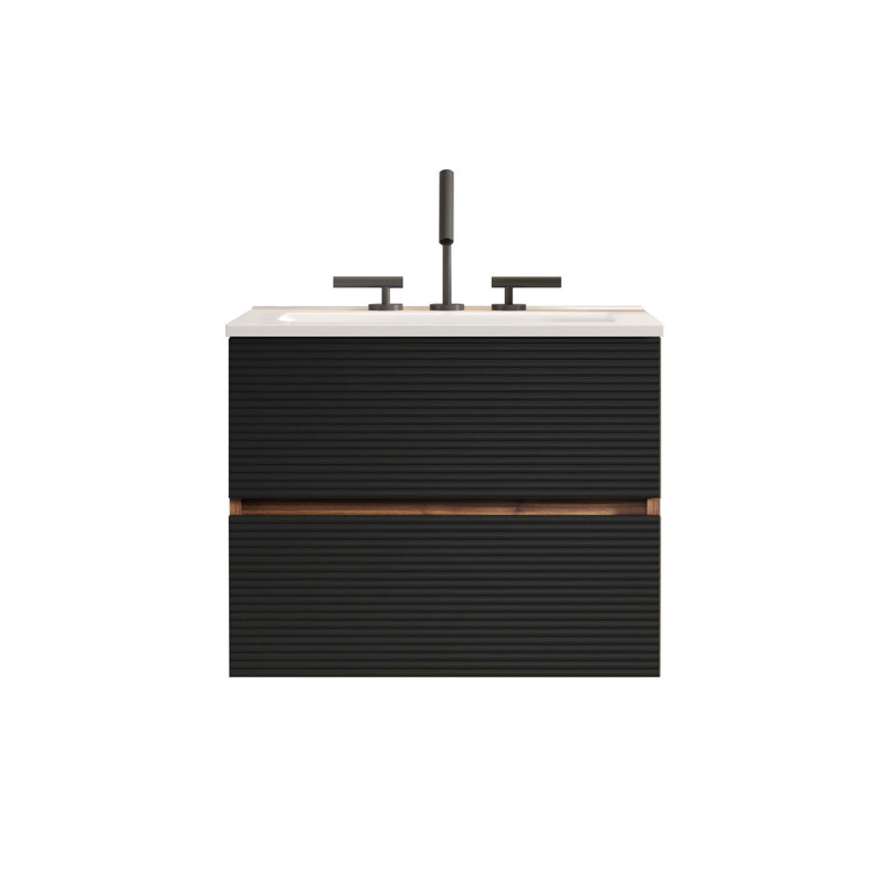 Meuble-lavabo mural avec lavabo en céramique intégré à 3 trous et trop-plein (sans armoire murale à côté), Noir et brun, 24"