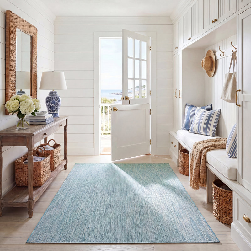 Tapis d'intérieur / extérieur de couleur unie Sayeda Performance, Aqua/Grey, Rectangle 5 pi 3 po x 7 pi 7 po