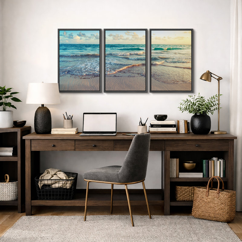 "Coastal Beach", "Sunrise On Ocean Waves Crashing", photos de décor de plage moderne bleu-vert doux, impression sur toile encadrée 3 pièces "16" x 24 "x 3 pièces, 24" x 36 "x 3 pièces