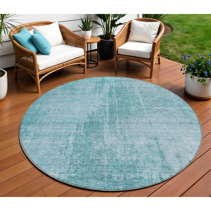 Tapis d'extérieur rond lavable abstrait bleu sarcelle et bleu 8 pi Aqua