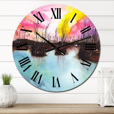 Un paysage avec un lac bleu - une horloge murale