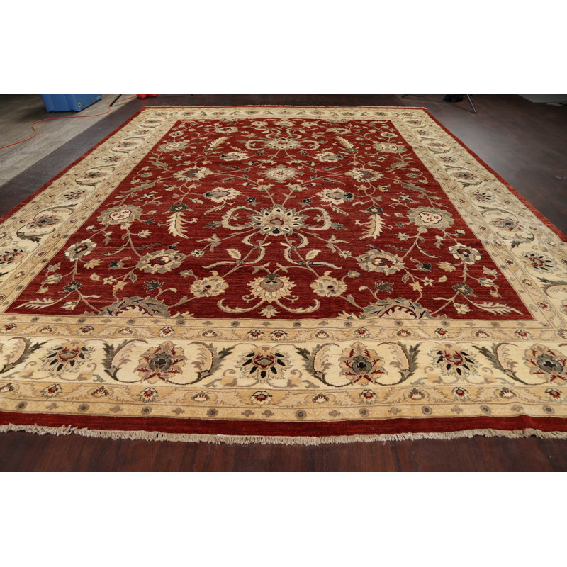 Tapis brun / beige en laine noué à la main de conception unique 11 pi 10 po x 14 pi 9 po New Age