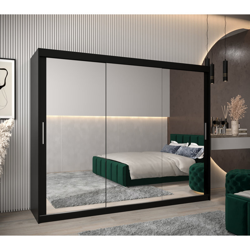 Melhado 3 Door Manufactured Wood Wardrobe, Black Matt