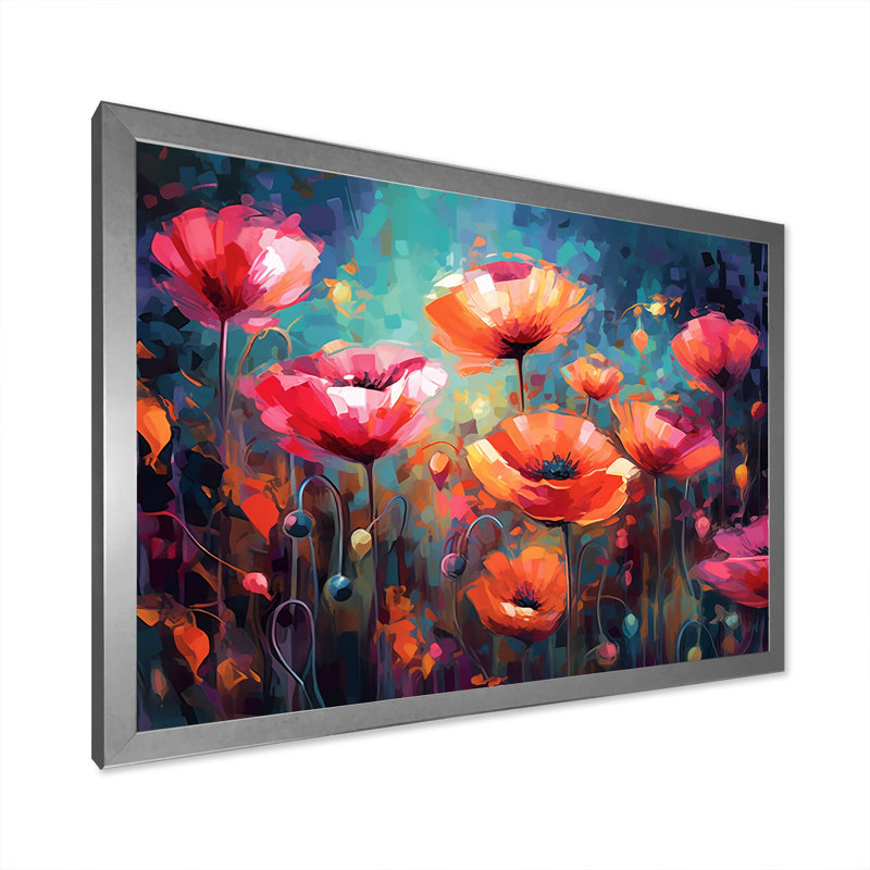 Pêche vibrante et rêves de coquelicots roses, Cadre simple argenté, H 24 po x l 32 po x P 1 po