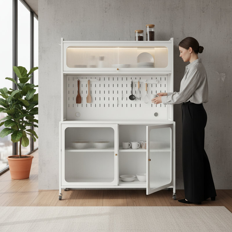 Freestanding Kitchen Sideboard with Wheels and Adjustable Shelves